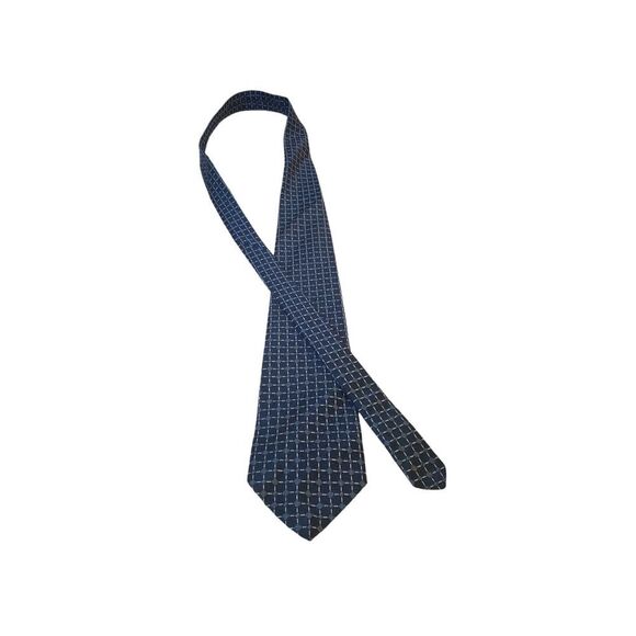 Huntington Men's Tie Blue White Textured Geometric Squares Pure Silk Made U.S.A. - Picture 4 of 13